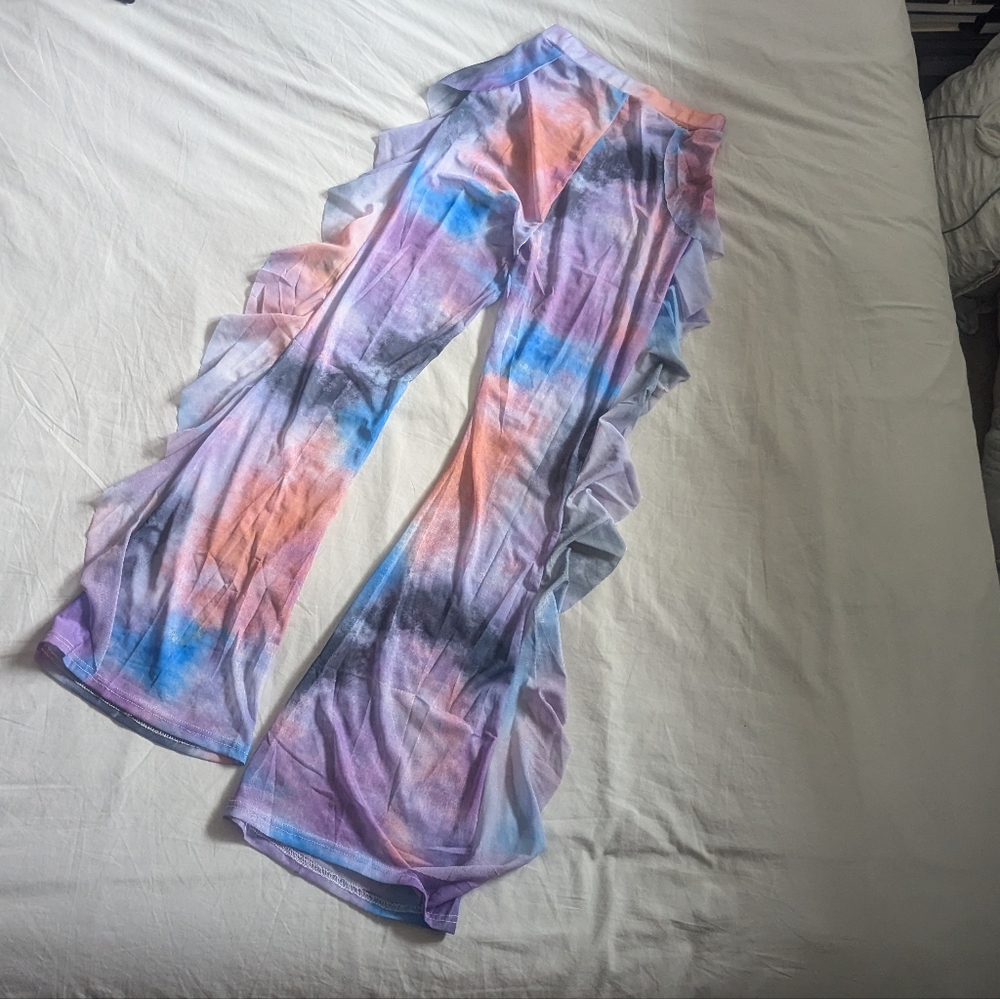 Colorful Rave Mesh Set with Ruffled Pants And Bikini Top - Picture 2 of 5